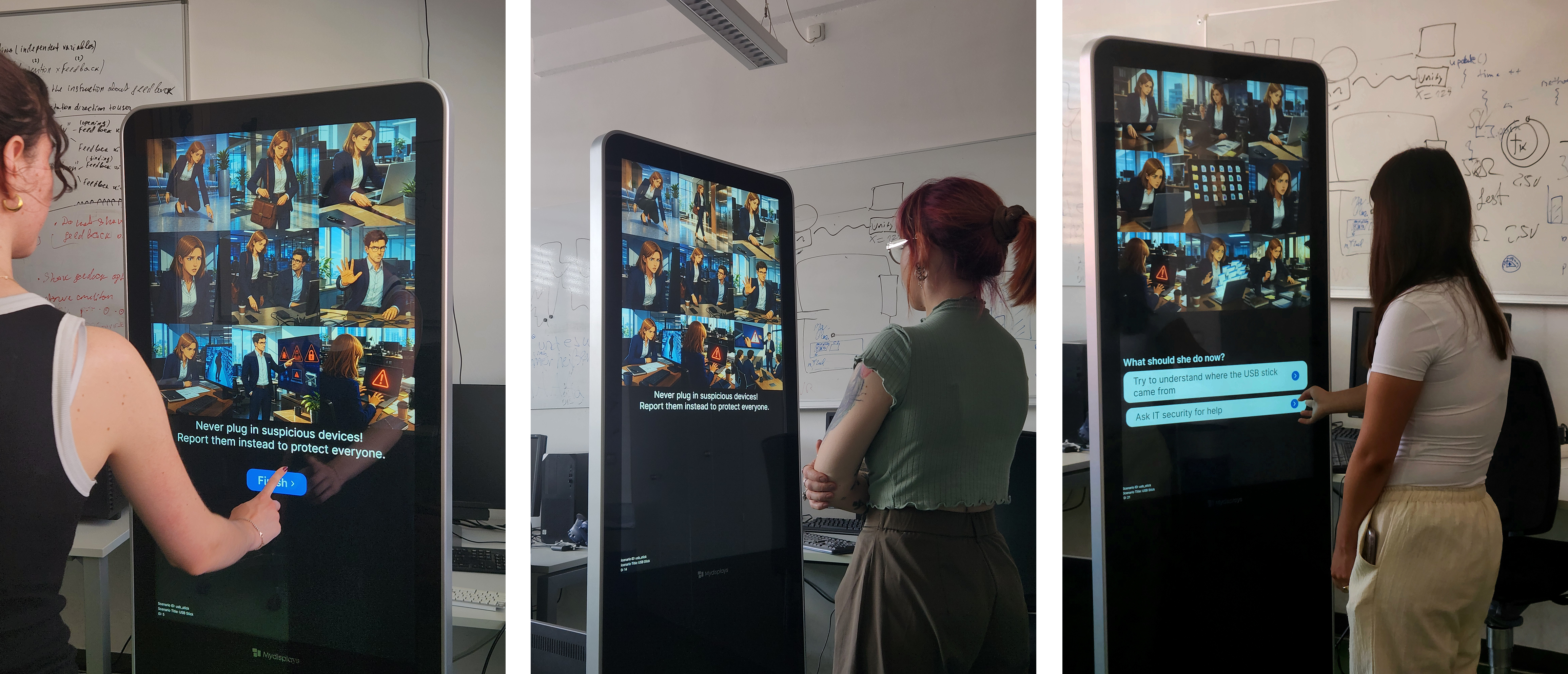 Participants interacting with the portrait touch display in the lab
