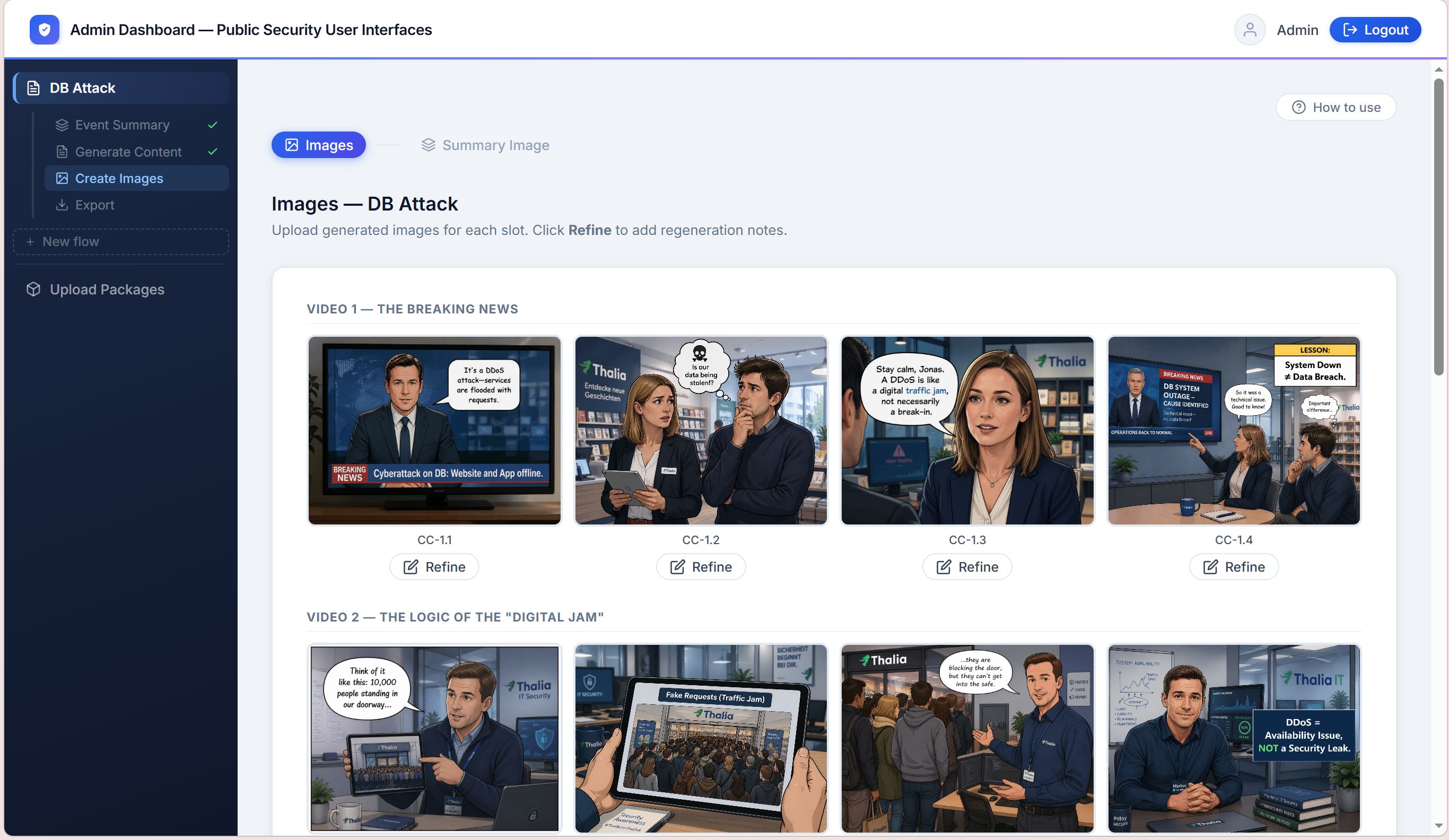 Admin workflow UI for narrative and image prompt generation