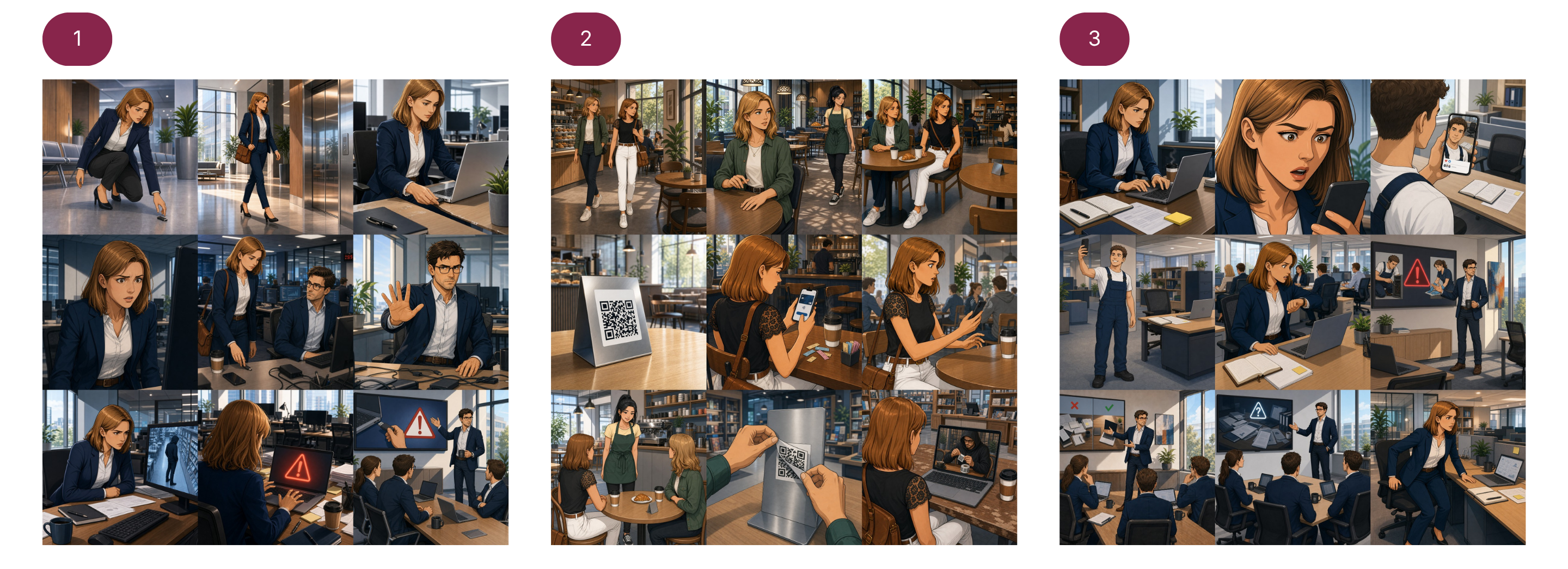 The three packages in the study as nine-image collages: an unknown USB stick in the office, a fake QR code in a café, and a cluttered workspace with sensitive information